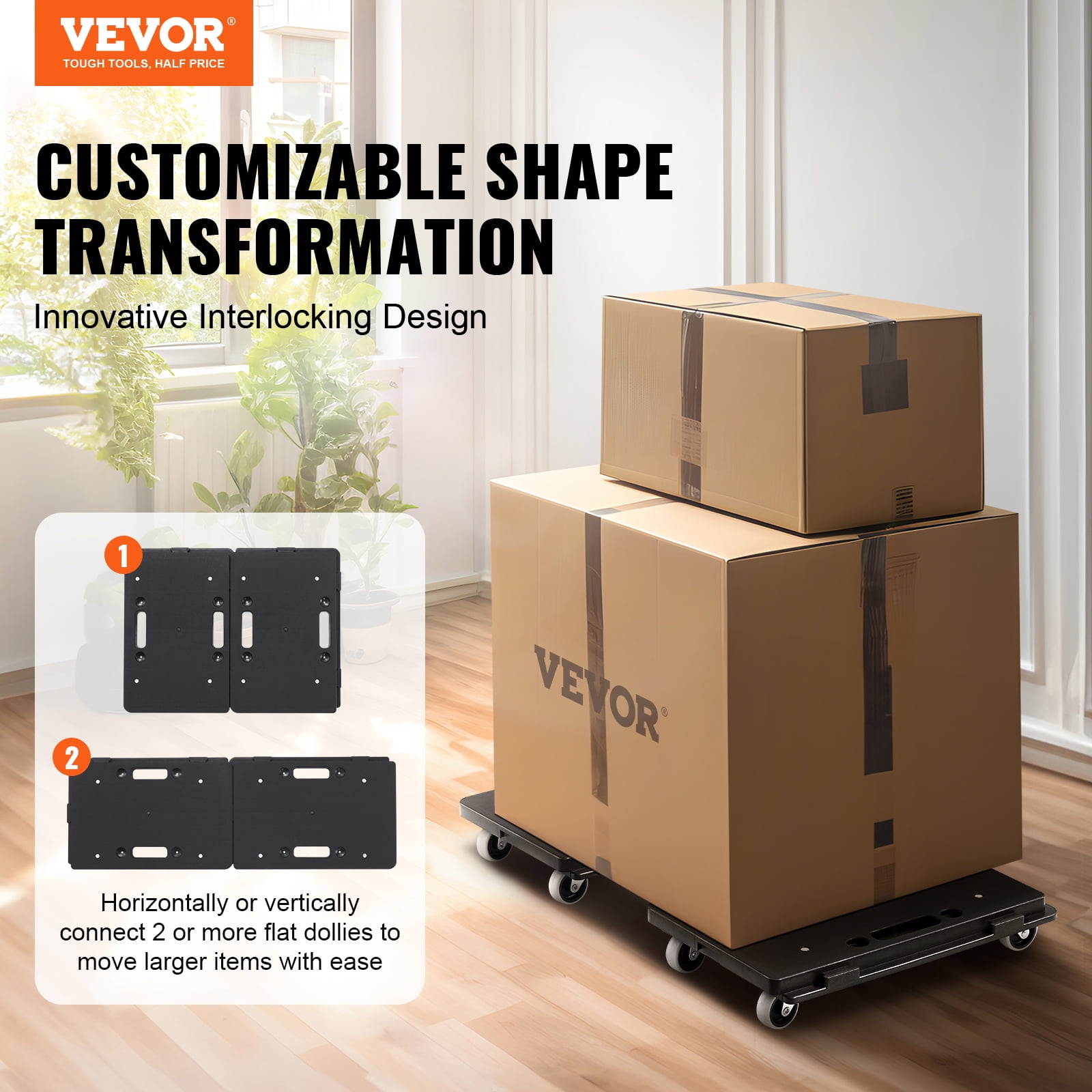 VEVOR Furniture Dolly,500 lbs Capacity Each Count, Furniture Mover with Wheels, Portable Moving Rollers 4 Wheels Heavy Duty, Small Flat Dolly Cart with Interlocking for Heavy Furniture, 2 Pack, Black