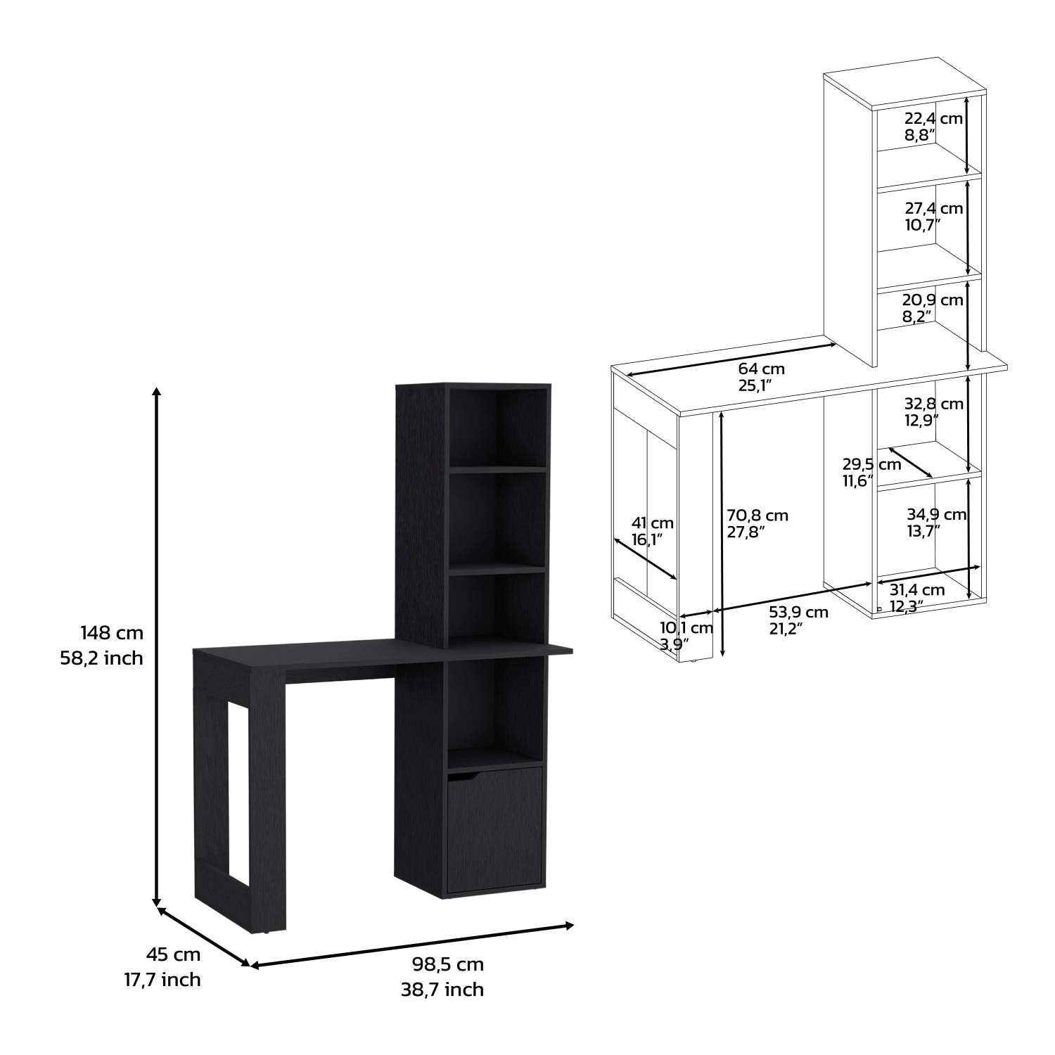 Asteroutdoor Writing Desk with Bookcase and Cabinet, Black, Engineered Wood Computer Desk for Office, 17.8 in L x 38.8 in W x 58.3 in H