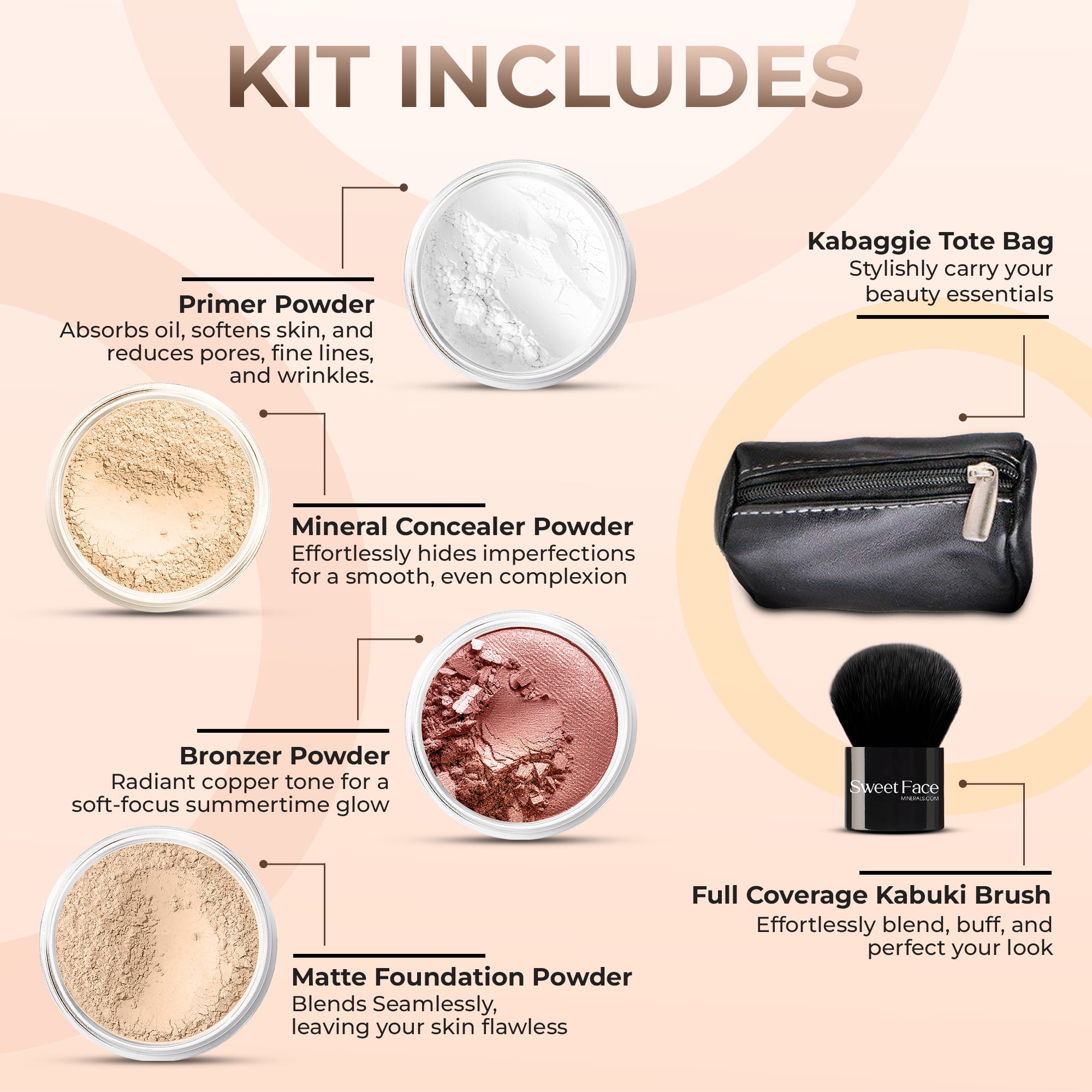 6pc FULL SIZE KIT KABUKI & KABAGGIE Tote Mineral Makeup Set Matte Foundation Bare Face Sheer Powder Cover (Fair 2)