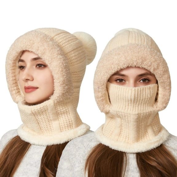 Women's 3-in-1 Ribbed Knit Hat with Integrated Scarf, Winter Face Mask Beanie, Thermal Ear Flap Trapper Cap, Cold Weather Balaclava Style, Unisex Outdoor Winter Gear - Beige