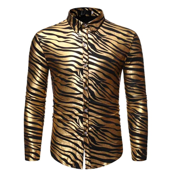 Blusa y camisa de manga larga con cuello alto para hombre, informal, lisa, a la moda, a rayas, con mangas color bronce, para fiesta, baile, disfraz, blusa para hombre