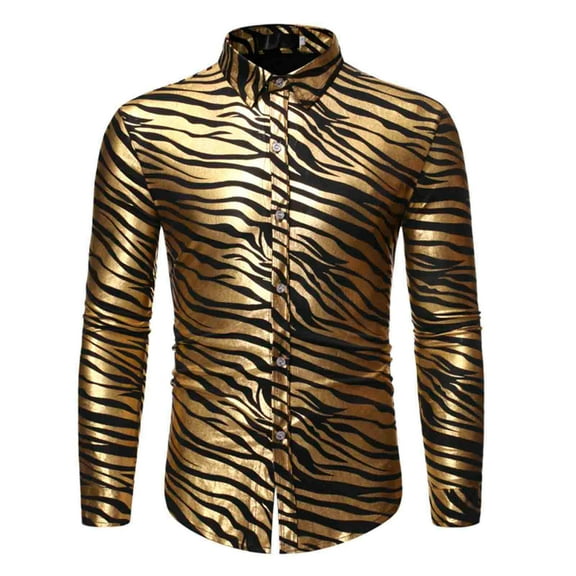 Mens Button Down Dress Shirts Long Sleeve Collared Vintage-Disco Zebra-Printed T Shirt Trendy Slim Fit Lapel Shiny Club Party Tops Tshirts