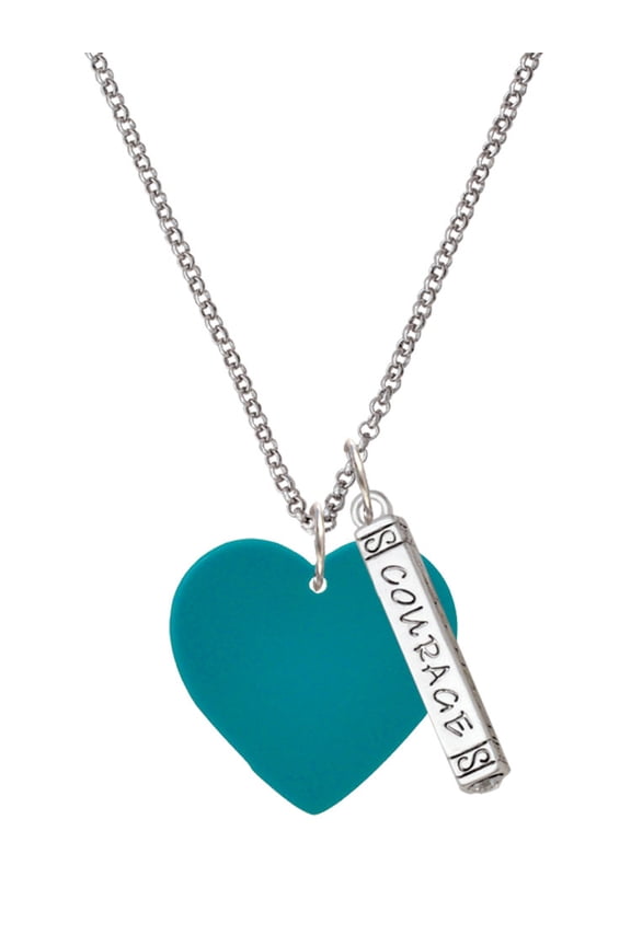 Acrylic 1" Teal Heart Silvertone Courage Strength Wisdom Honesty Bar Charm Necklace, 23"