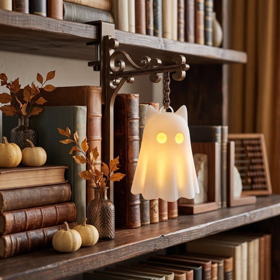 Library Ghost Cats Lanterns, Decorative Bookshelf Lighting, Bookends with Warm LED Glow, Vintage Book Holder for Reading Corners and Home Décor