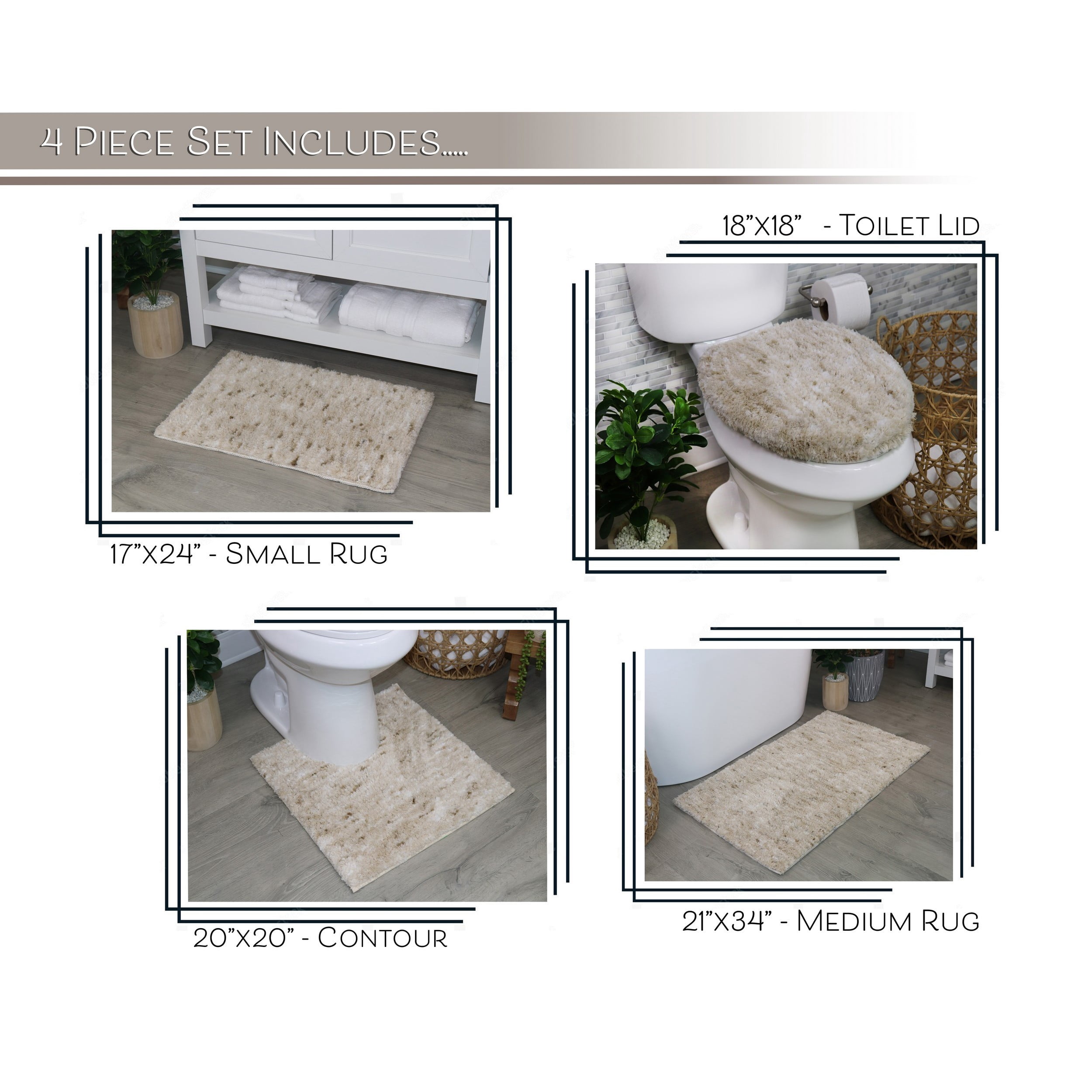 Home Weavers Elegance Bathroom Rugs Sets 4 Piece- Plush Bath Mat Set Quick-Dry Soft Microfiber Bathroom Mat with Rubber Backing, Absorbent Bathroom Rug Set, Washable Bath Rugs, Bath Mats, Ivory