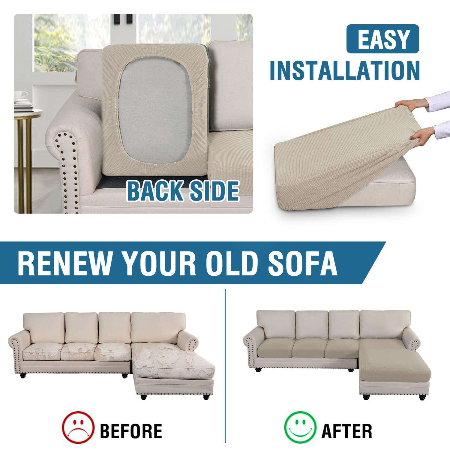 Turquoize 4-Piece Separate Slipcovers Textured Grid Polyester Blend Sectional Couch Sofa Covers for Left/Right L Shape Chaise Lounge Sofa,Island Fossi 3 Seater + 1 Chaise