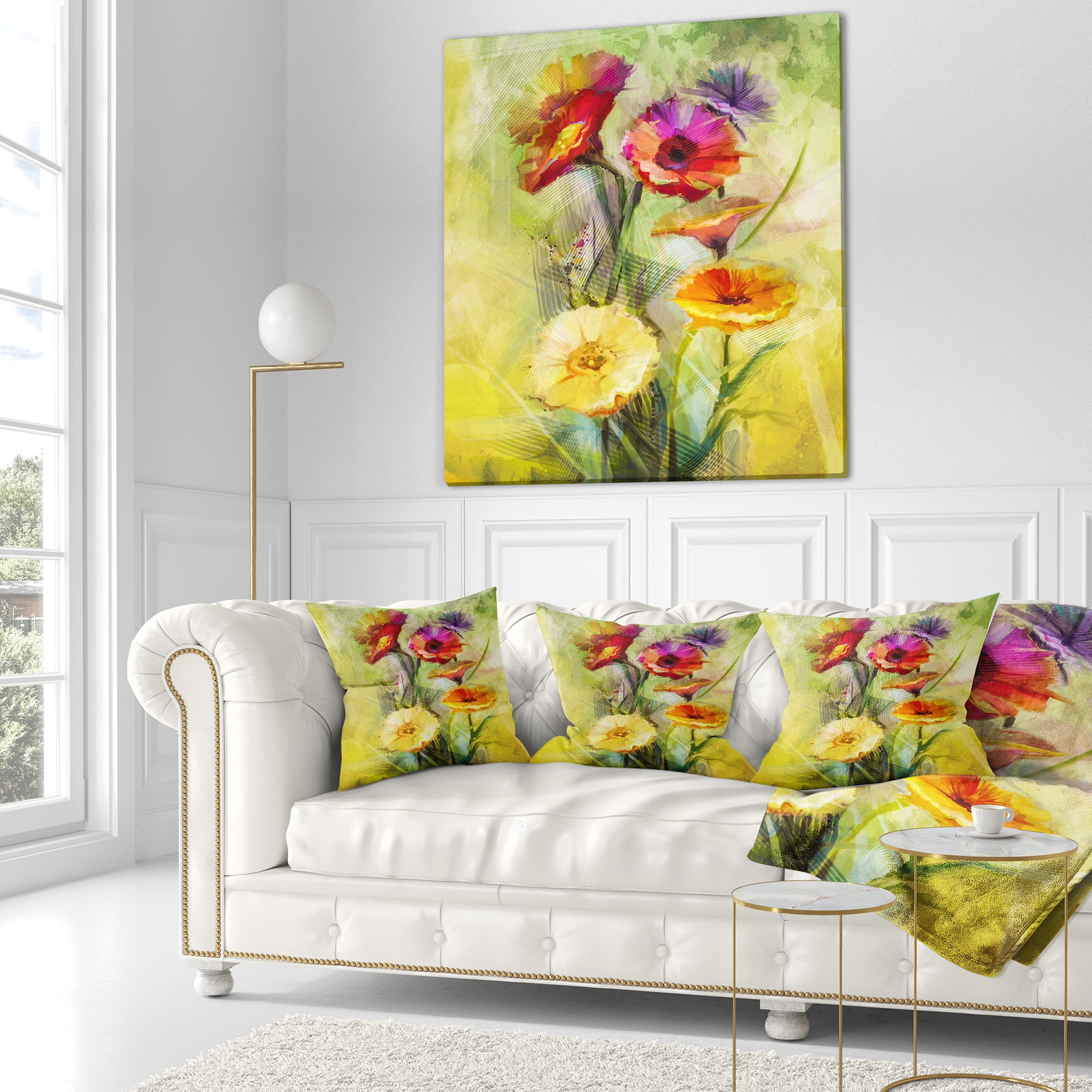 Designart Bouquet of Gerbera Flowers Watercolor - Floral Throw Pillow - 16x16