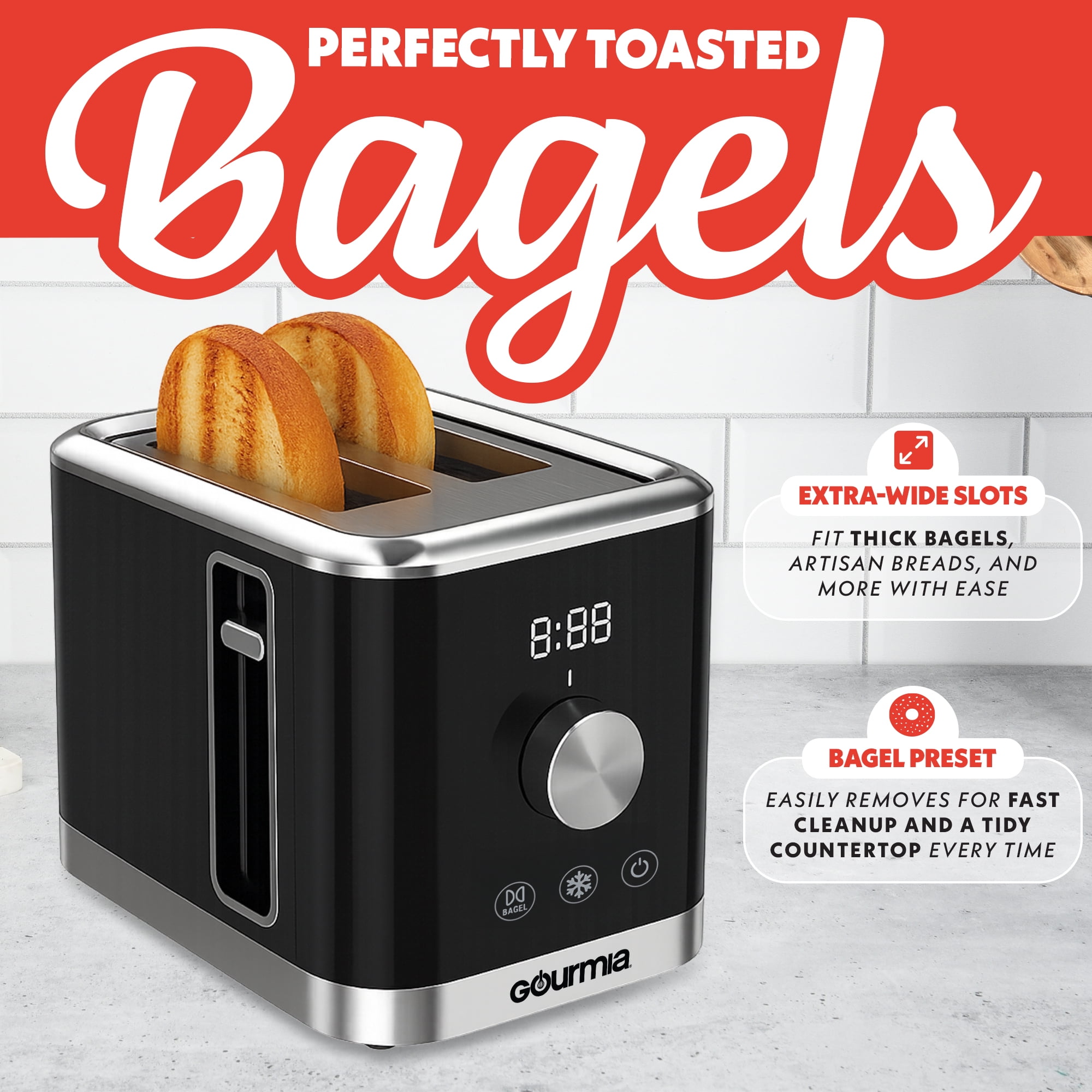 Gourmia 2 Slice Toaster with 6 Browning Levels, Bagel & Defrost Modes, Wide Slots, Slide‑Out Crumb Tray