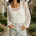 thumbnail image 2 of Ke1Clo Women’s Cotton Openwork Knit Sweater Cropped Sheer Mesh Cover Up Loose Fit Long Sleeve Summer Vacation Hollow Out Lightweight Korean Style Top, 2 of 7