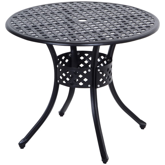 33" Patio Dining Table Round Cast Aluminum Outdoor Bistro Table - Black with Umbrella Hole