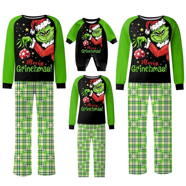 Conjuntos de pijamas navideños familiares a juego Grinch 2024, pijama de Grinch con parte superior y pantalones de pijama a cuadros, pijama de Grinch para niños y adultos para la familia, Hombres 2XL