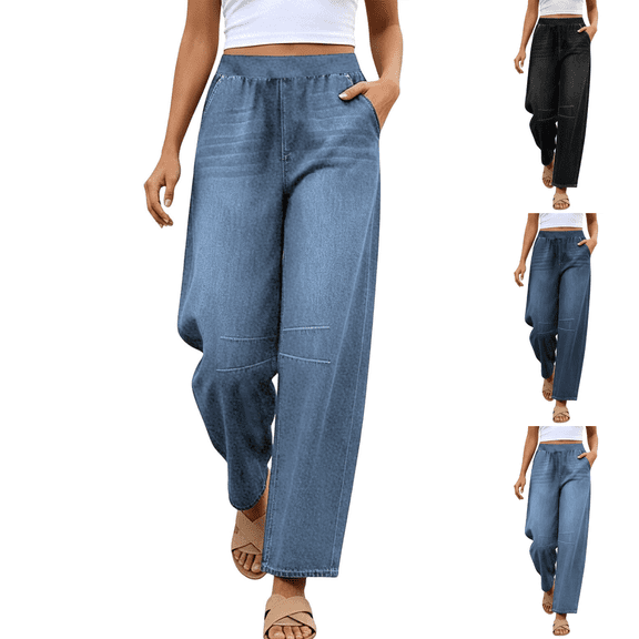 Sunnin Women Elastic Waist Wide Leg Jeans Solid Color Casual Loose Denim Pants with Pockets