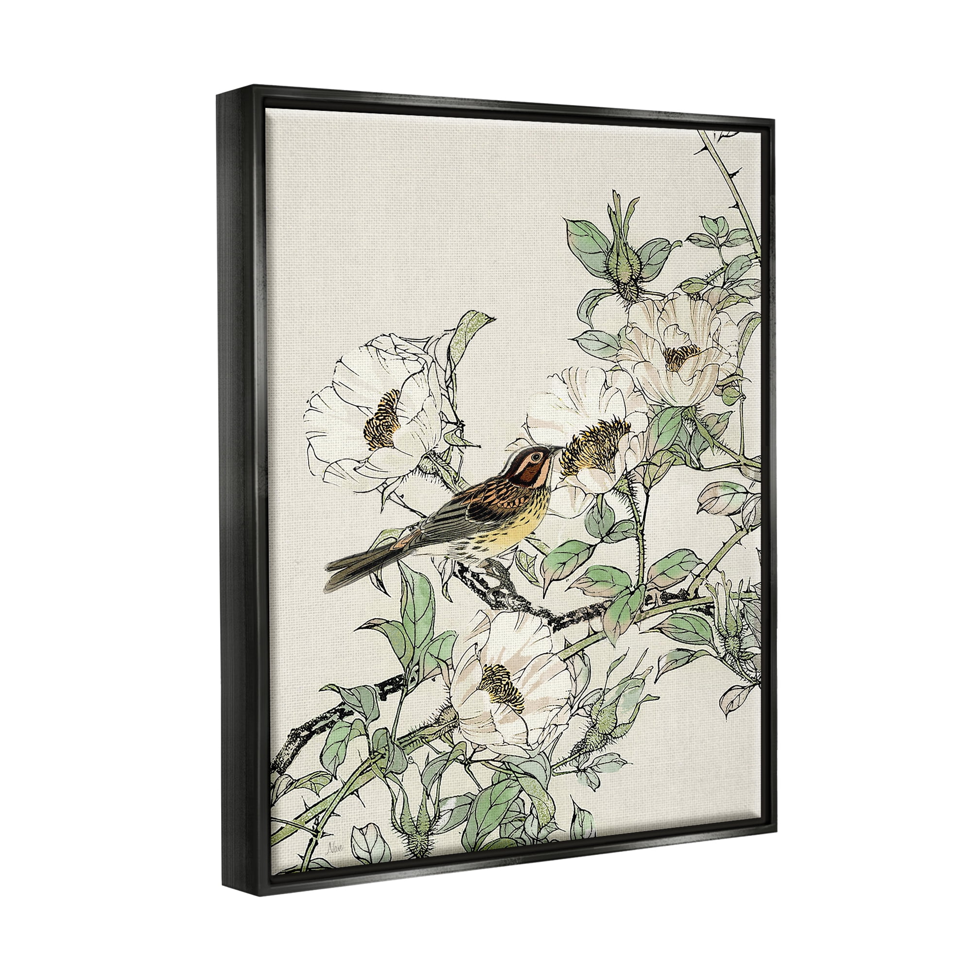 Stupell Industries Delicate Bird & Blossoms Botanical & Floral Painting Black Floater Framed Canvas Art Print Wall Art, 25 x 31