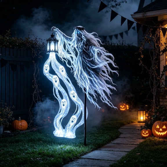 Halloween Haunted Soul Harvester Garden Light with Solar Powered Ghost Lawn Stake, Glowing Ghost White LED Animated Effect for Creepy Outdoor Yard Cemetery Decor,1 PC