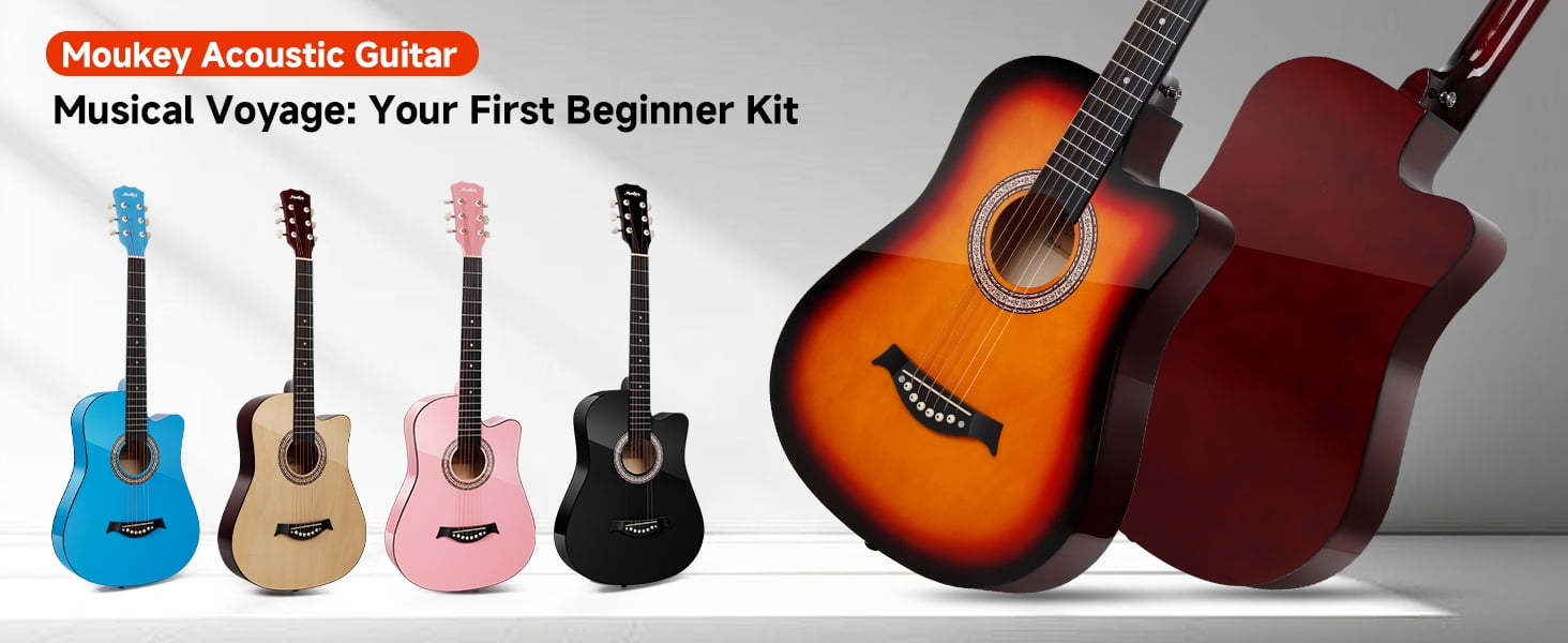 Moukey Acoustic Guitar for Beginner 38" Kid Adult Starter Kit with Accessories, Pink, EAG-100