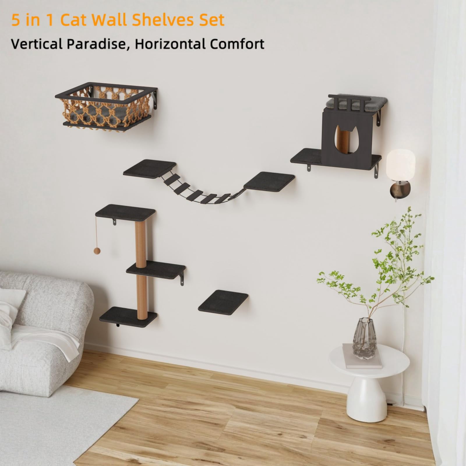 5-in-1 Cat Wall Shelves Set With Hammock  Wall-mounted Furniture Includes Condo Bridge Ladder & Steps For Indoor Cats Safe Stable (dark Gray)