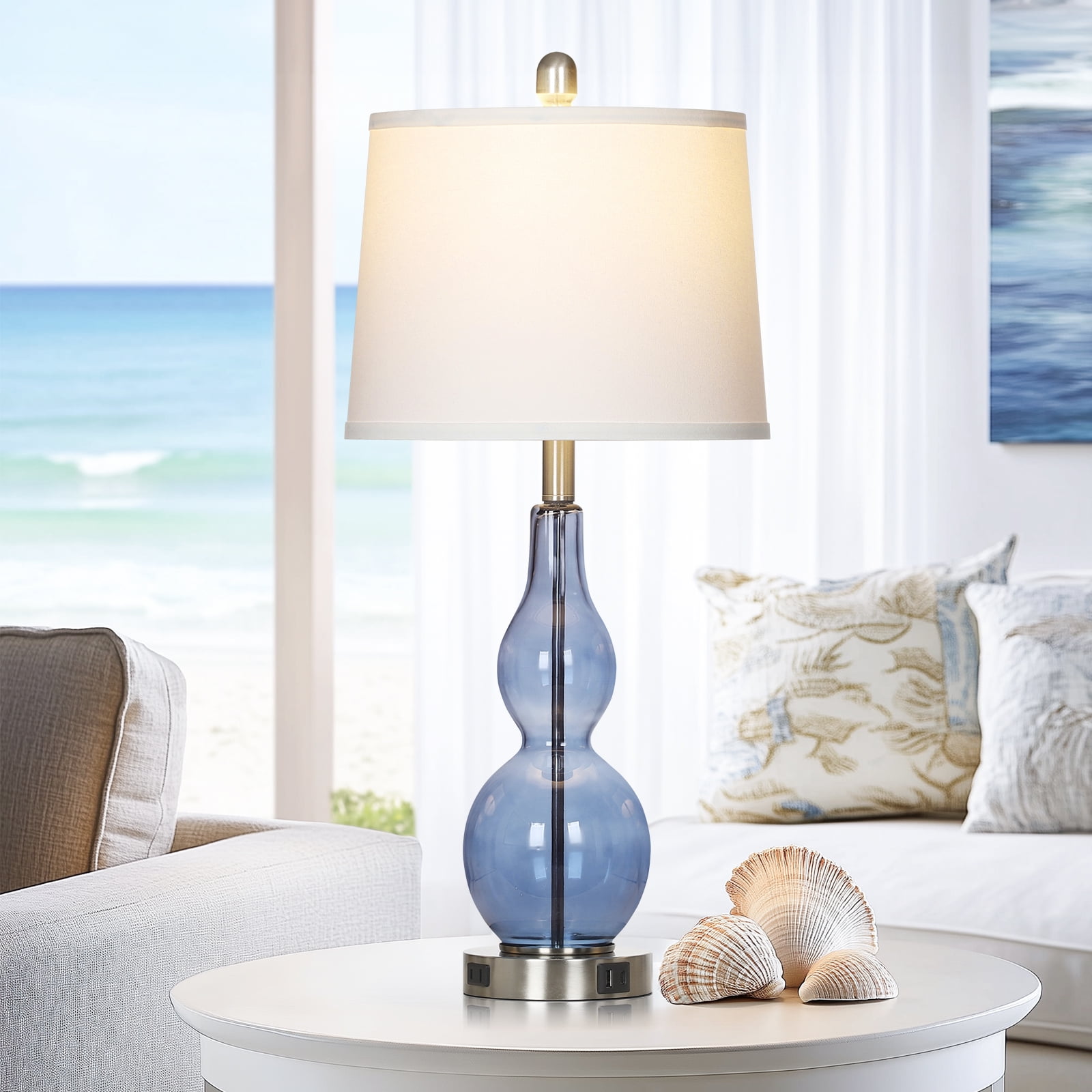 Cinkeda Coastal Table Lamps Set of 2 for Living Room Bedroom 28.5" Nautical Blue Glass Double Gourd 3 Way Dimmable Touch Control Bedside Nightstand Lamp with USB A+C Ports AC Outlet