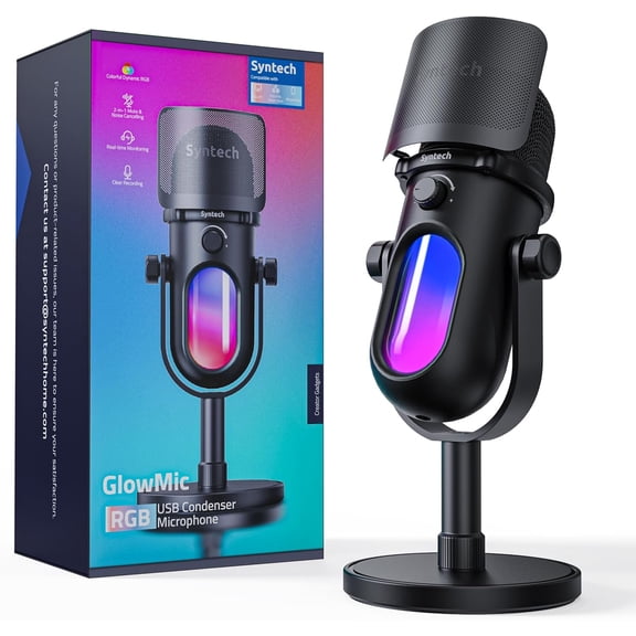 Syntech Gaming Microphone for PC, USB Mic for Streaming, Podcast, Recording, Condenser Microphone with RGB Lights, Mute Touch, Gain Knob, Headphone Jack, Pop Filter, Stand for PS4/ PS5/ Mac-GlowMic