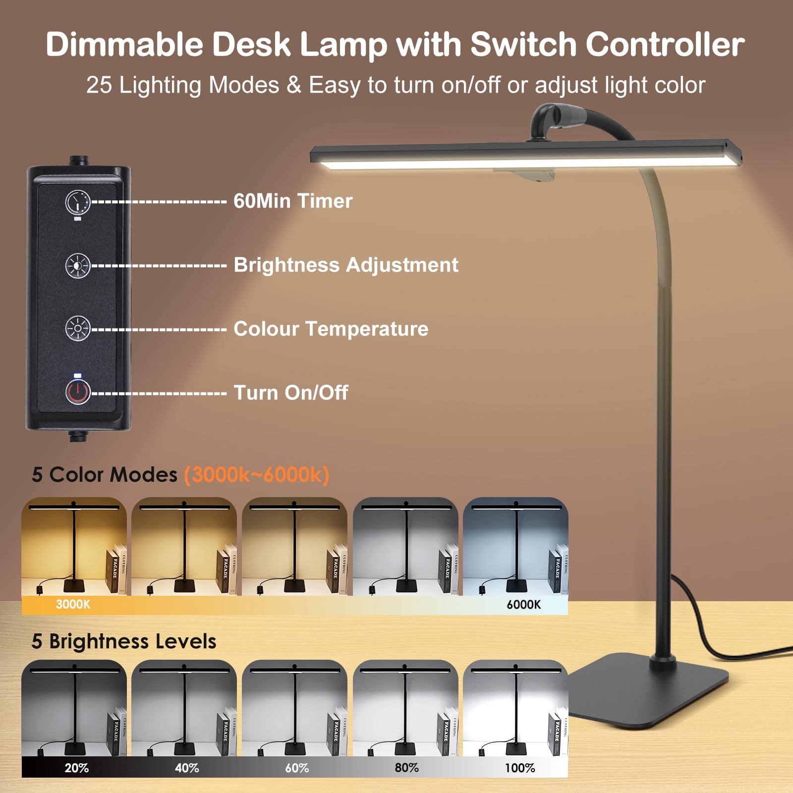 Lococo LED Desk Lamp, Tall Gooseneck, 5-Level Dimmable Brightness & Color for Home Office