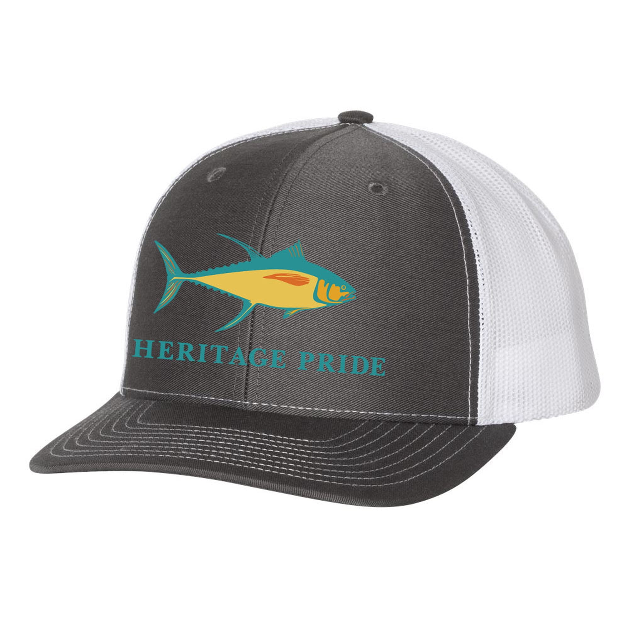 Heritage Pride Retro Color Charcoal and White Mens Embroidered Mesh Back Trucker Hat, Tuna