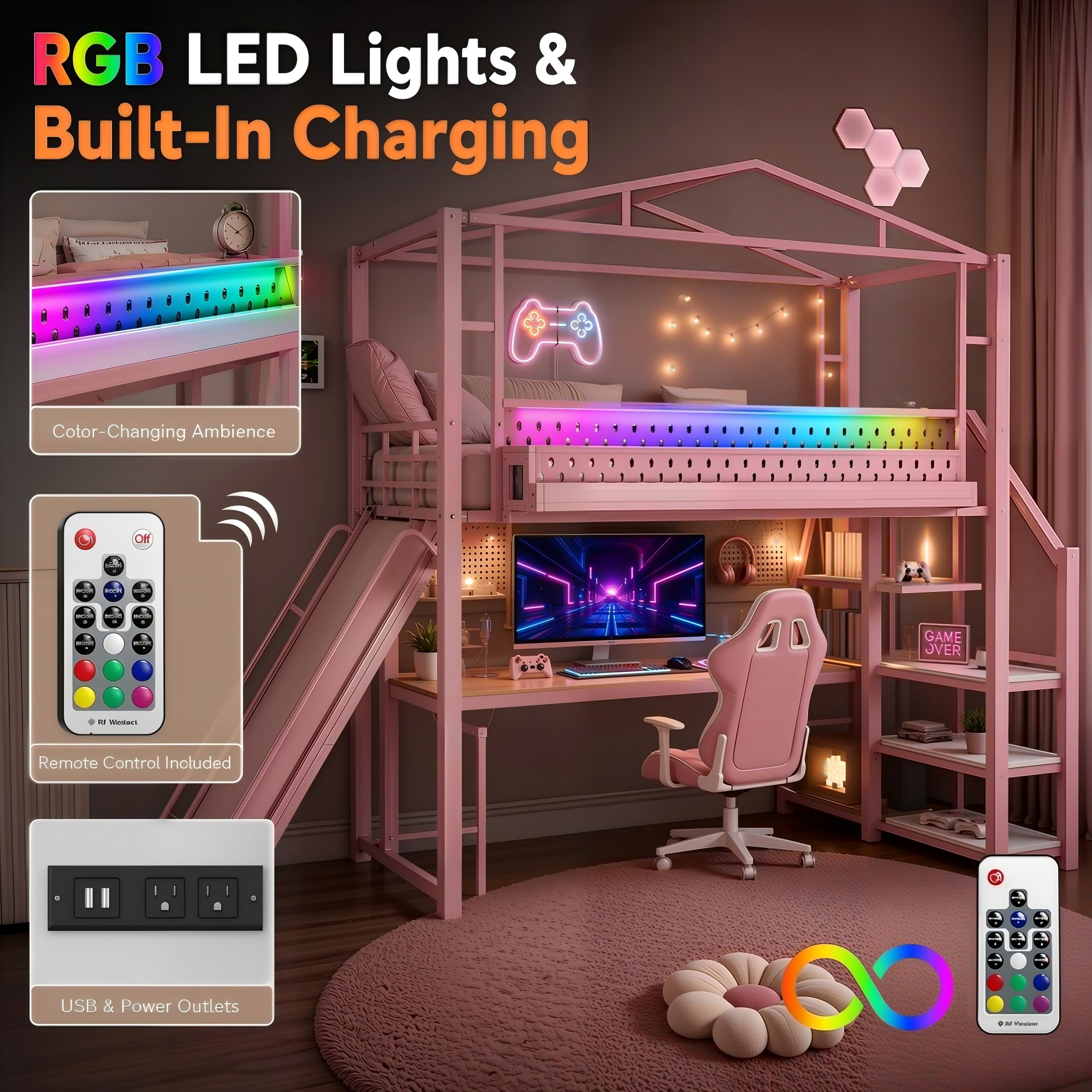 Aukfa Twin Loft Bed with Storage Stairs, Slide, Shelves, USB Ports and LED Lights, Metal Loft Bed for Kids, Noise-Reduced Design, Pink