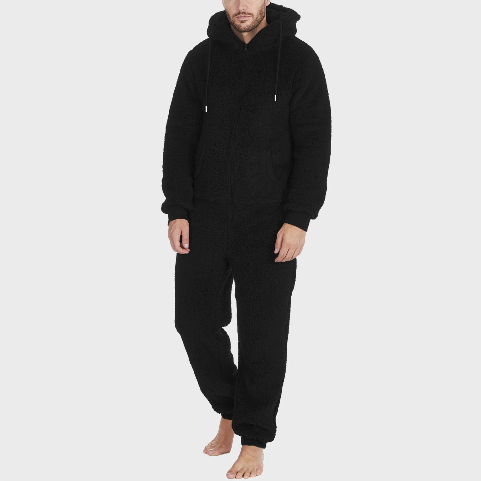 Mens Fuzzy Fleece Hooded Jumpsuits Long Sleeve Zip Up Piece Plush Pajamas Onesies Big and Tall Overall Rompers