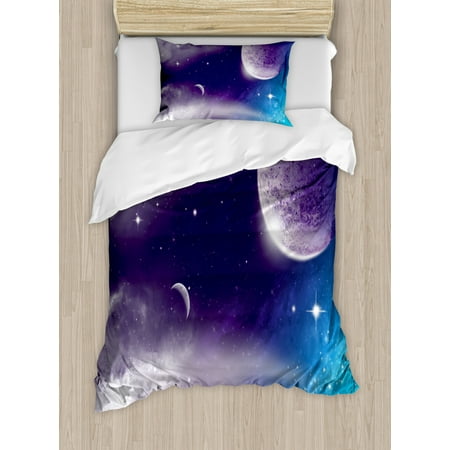 Purple And White Duvet Cover Space Duvet Cover Set, Universe with Planet and Crescent Moon on Starry Night Sky Science Fiction Design, Decorative Bedding Set with Pillow Shams, Blue Purple, by Ambesonne ()