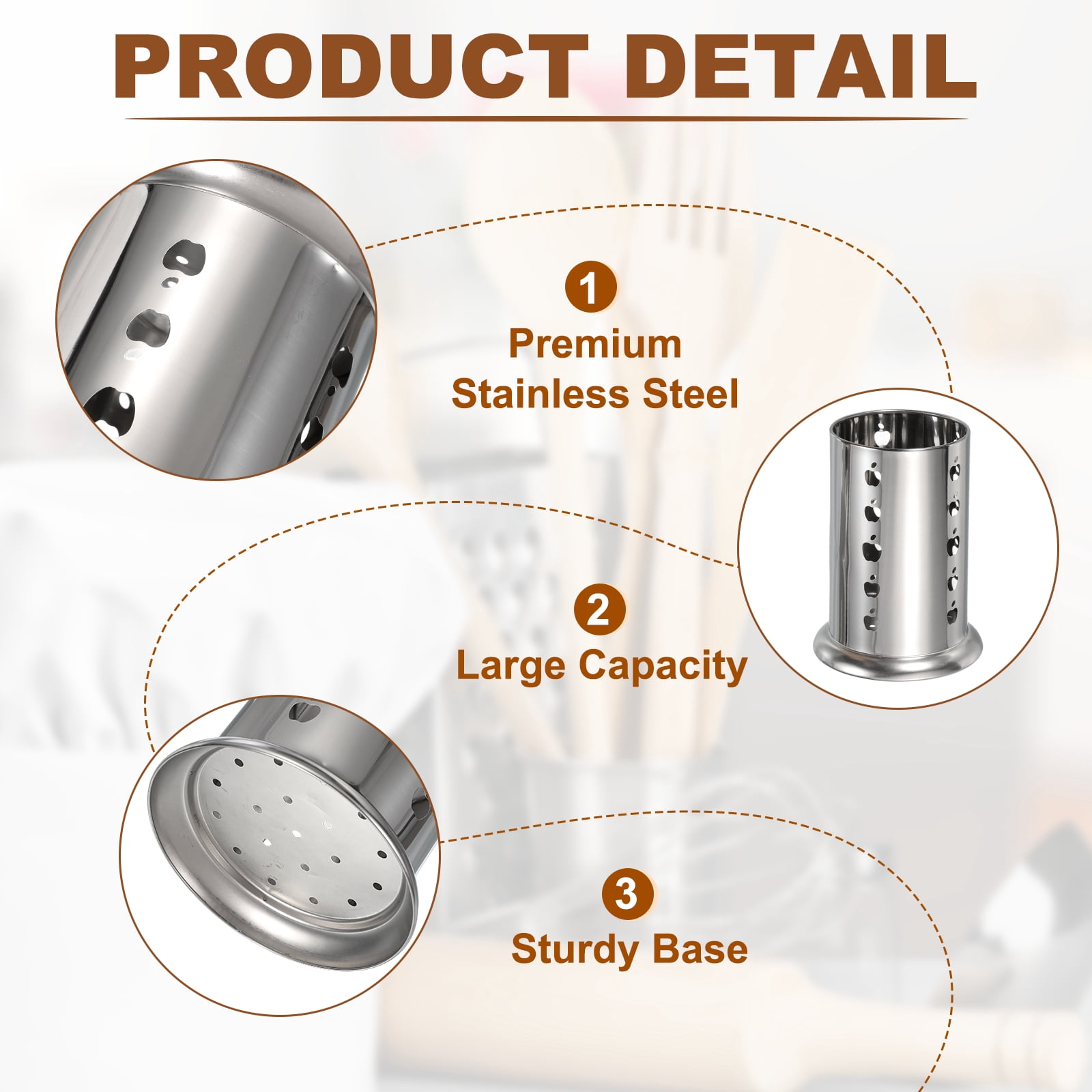 Stainless Steel Utensil Holder, Kitchen Cutlery Holder Fruit Hole Flatware Organizer for Forks Silver