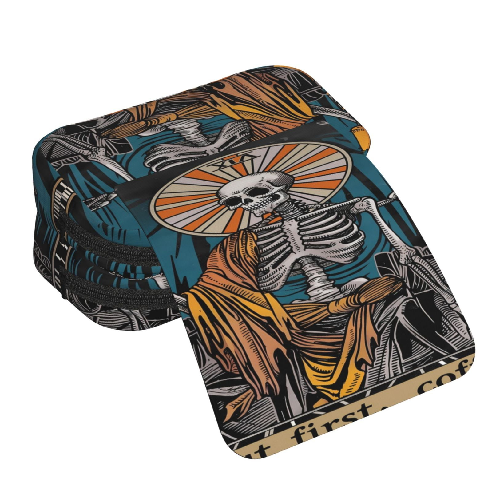 Rateoe Coffee-Drinking Skull Pattern Double Clamshell Pen Case, Storage Organizer with Two Zipper Compartments– Holds Up to 50 Pencils & Pens