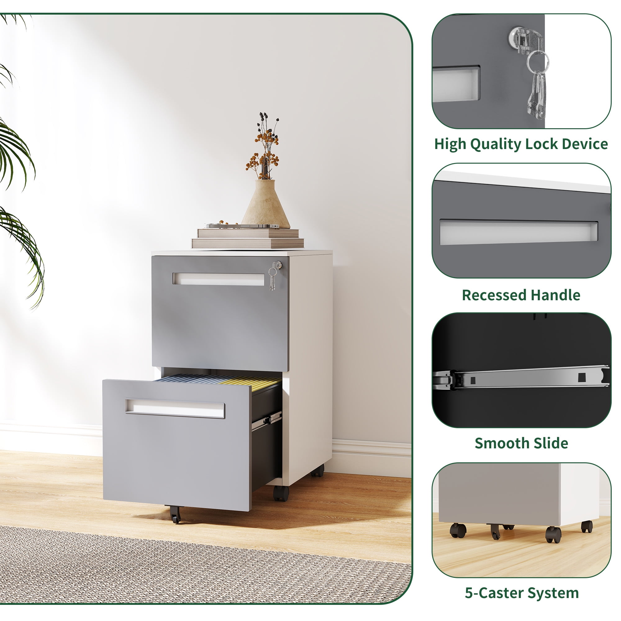 2-Drawer Mobile File Cabinet with Lock, All-Steel Metal Storage Cabinet on 360° Wheels, for Home Office & Commercial Use, Fully Assembled, Holds A4/Letter/Legal Files, 110lbs/Drawer Capacity