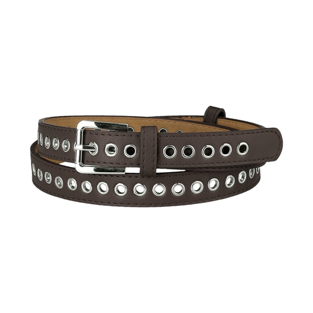 Cinturón de cuero PU con ojal para mujer, hebilla de pasador de metal, cinturones de cintura ajustados de talla grande Café Ajuste la cintura hasta 104cm/41