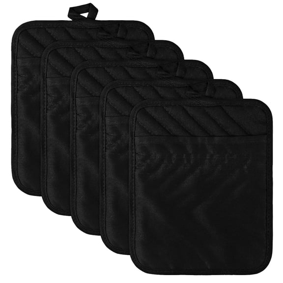 2ooya Simple Pot Holders with Pockets, 5-Pack for Kitchen Baking Cooking,Black