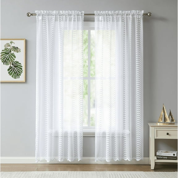 WAVE - Lace Semi Sheer Curtains - Set of Two Panels Rod Pocket Voile Curtain for Living Room Bedroom and Kitchen (54" W x 96" L, White)
