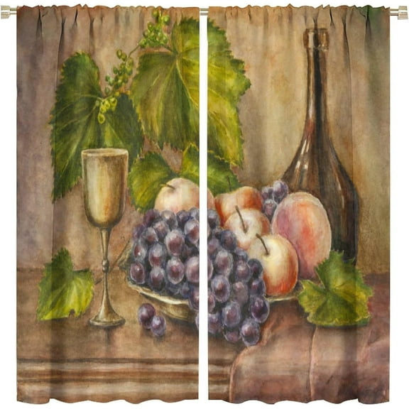 Wine Kitchen Curtains Fruits Leaves Bottle Colorful Vintage Rustic Bedroom Living Room Bathroom Blackout Rod Pocket Decoration Window Drapes 2 Panels W21xL54in