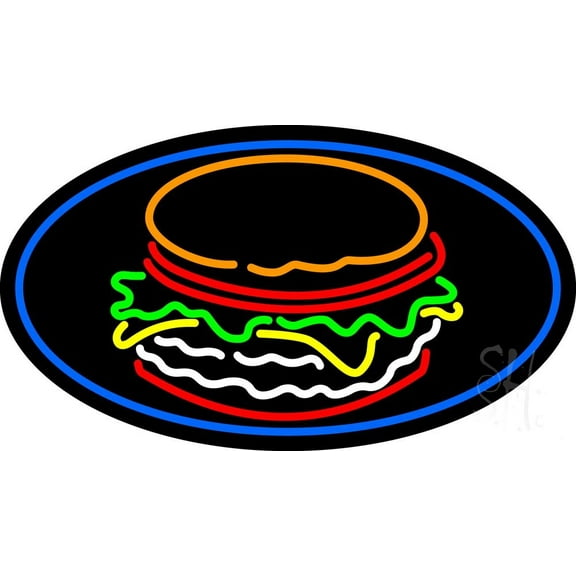 Burger Logo Oval LED Neon Sign 13 x 24 - inches, Clear Edge Cut Acrylic Backing, with Dimmer - Bright and Premium built indoor LED Neon Sign for restaurant window and interior decor.