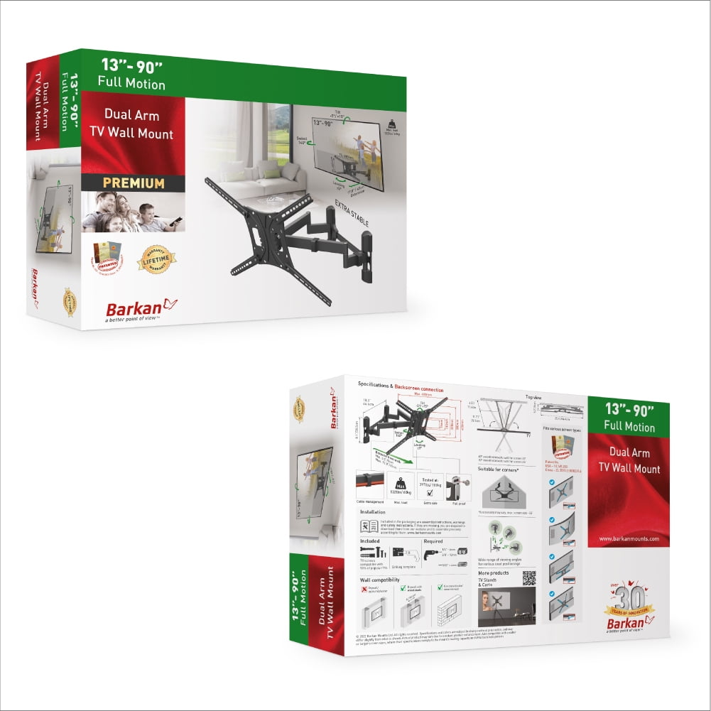 Barkan TV Wall Mount, 13 - 90 inch Patented Full Motion Flat / Curved Screen Bracket, Holds up to 132lbs, Extra Stable, Fits LED OLED LCD
