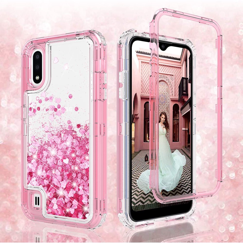 Galaxy A01 Case, Hard Clear Glitter Bling Sparkle Flowing Liquid Heavy Duty Shockproof Rugged