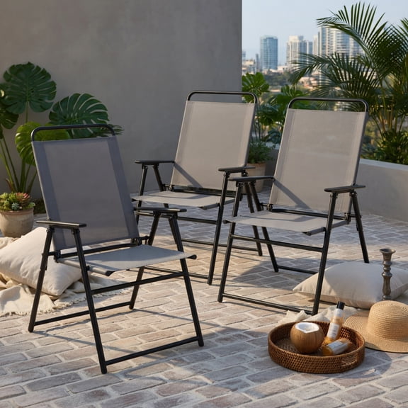 Hommoo 4-Piece Outdoor Folding Sling Chairs Set, Heavy-Duty Metal Frame, Armrests, Easy-Store Patio Seating, Gray
