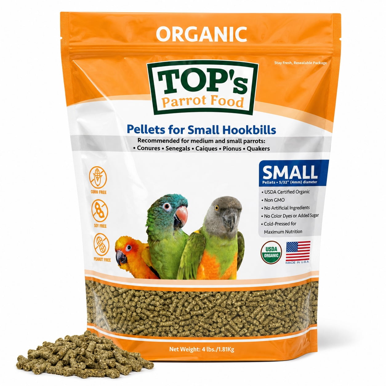 TOP's Parrot Food Small Pellets for Conures, Senegals, Caiques, Pionus, USDA Certified Organic, Human Grade, Non-GMO, Corn, Soy & Peanut Free, 4 lb
