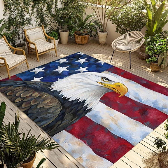 Fsddascl Eagle Outdoor Rug for Patio/Deck/Porch, Non-Slip Large Area Rug 4 x 6 Ft, Rustic Independence Day Red Blue Star Striped Flag Indoor Outdoor Rugs Washable Area Rugs, Camping Rug Carpet