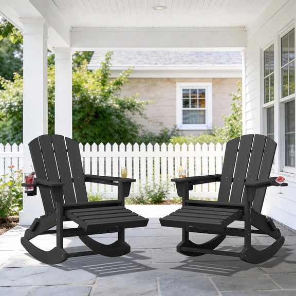 KINGYES Adirondack Rocking Chair Set of 2 with Retractable Ottoman and Cup Holders, HDPE Adirondack Rocker, Patio Rocking Chair for Porch, Patio