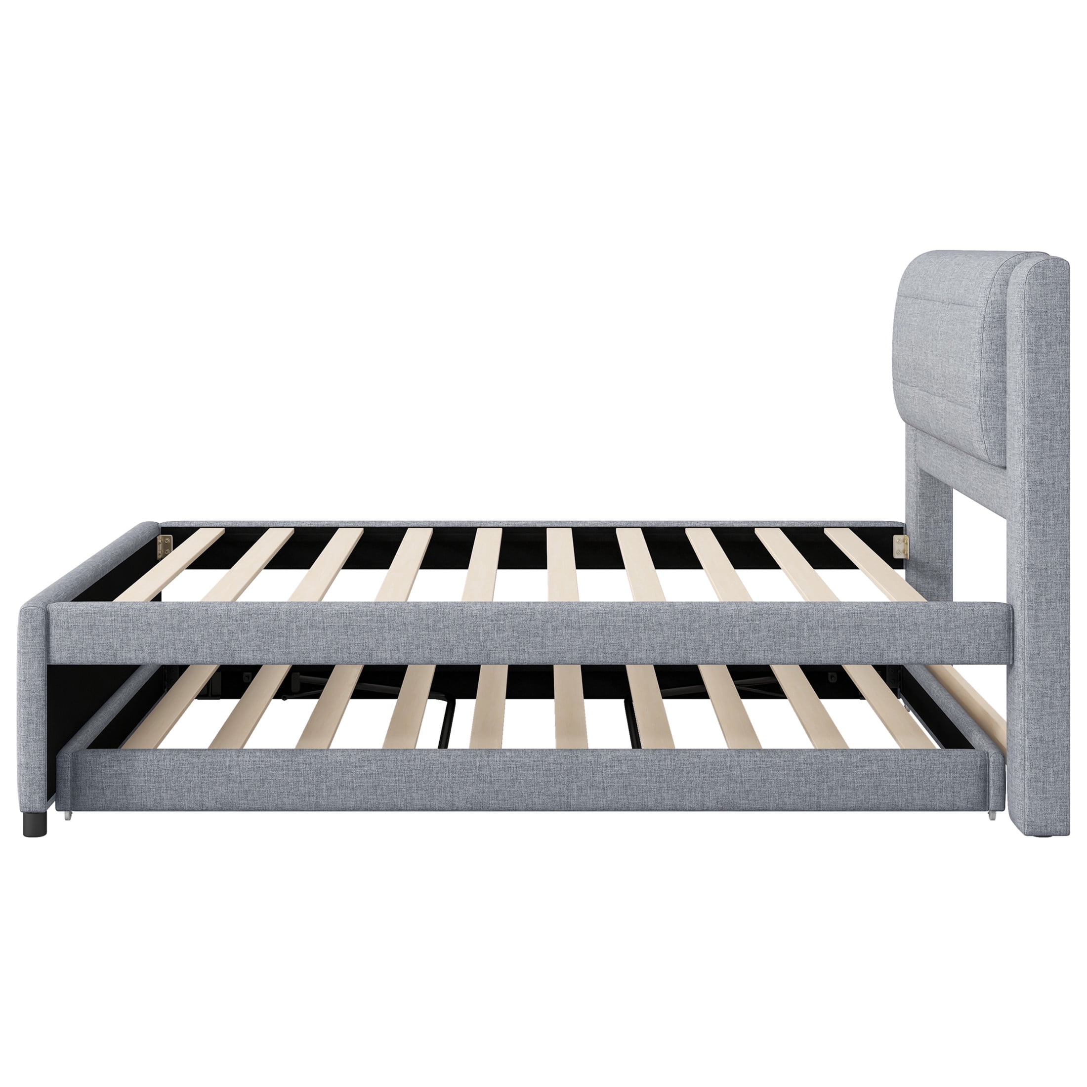 Noble House Twin Size Linen Upholstered Platform Bed with Multifunctional Pop-Up Trundle, Pine Wood Frame, Gray