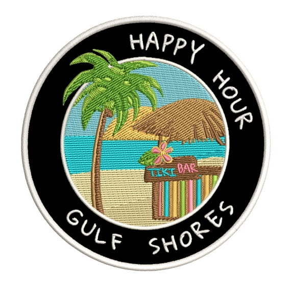 Happy Hour! Gulf Shores, Alabama 3.5 Inch Iron Or Sew On Embroidered Fabric Badge Patch Ocean Beach, Salt Life Iconic Series