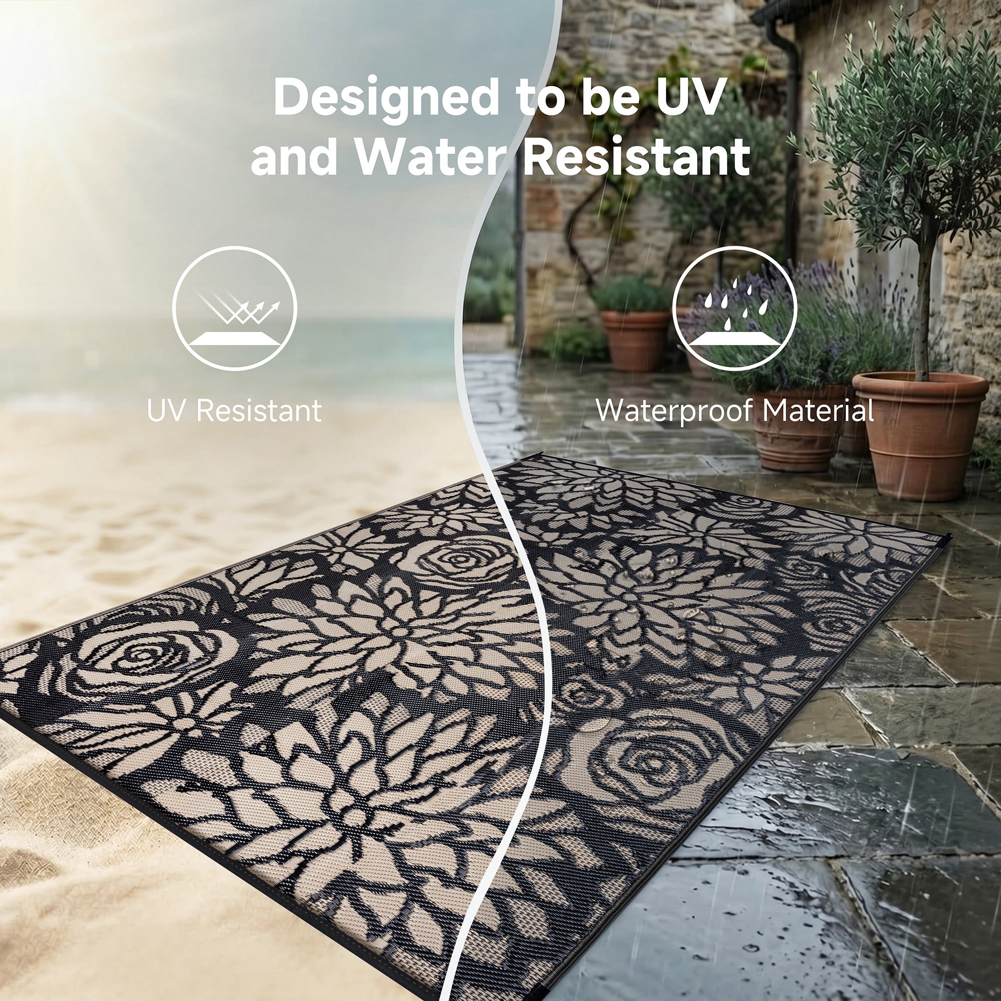 BERTHMEER 5'x8' Brown Outdoor Rugs on Sale Clearance Plastic Straw Reversible Waterproof Patio Rugs for Deck Camping Beach Picnic Porch Garden Balcony