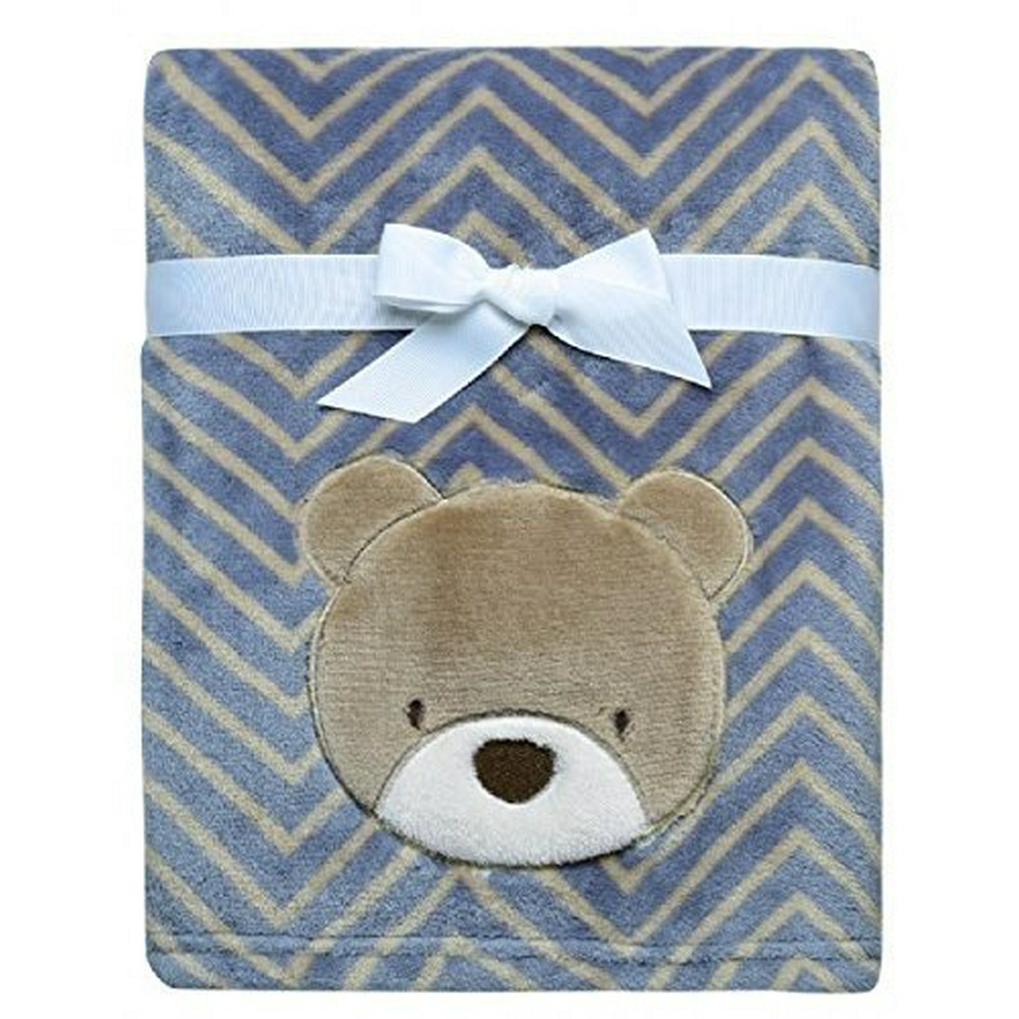 Baby Starters Printed Soft Plush Blanket With Bear Applique And Embroidery