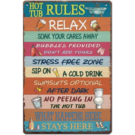 Hot Tub Rules Metal Tin Sign Relax Soak Vintage Iron Sign Funny Bathroom Tin Signs Bathtub Theme Wall Art Metal Poster Plaque for Bathroom Toilet Roll Tips Wall Decor DIY