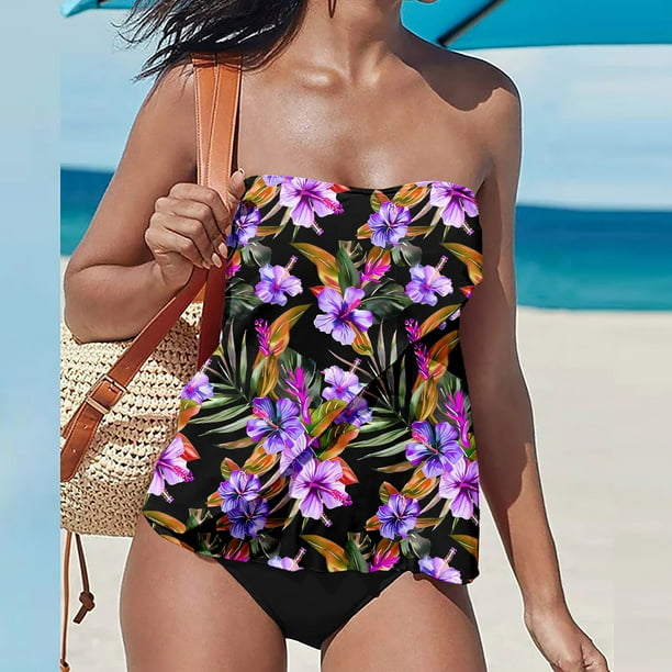 Karight Strapless Tankini Swimsuits for Women Tummy Control 2 Piece Bathing Suits Bandeau Blouson Swim Top with Bikini Bottom