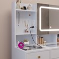 thumbnail image 4 of Large Wooden Vanity Set with Movable LED-Lit Cabinet Mirror, Modern Glass Desktop Makeup Table with Charging Station and Cushioned Stool, Dressing Table with 5 Drawers & 4 Hooks & 3 Shelves, 4 of 9