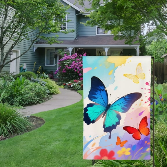 Spring Summer Garden Flag Double Sided Pink Wtercolor Butterfly Welcome Yard House Outside Outdoor Decoration,12*18 inch