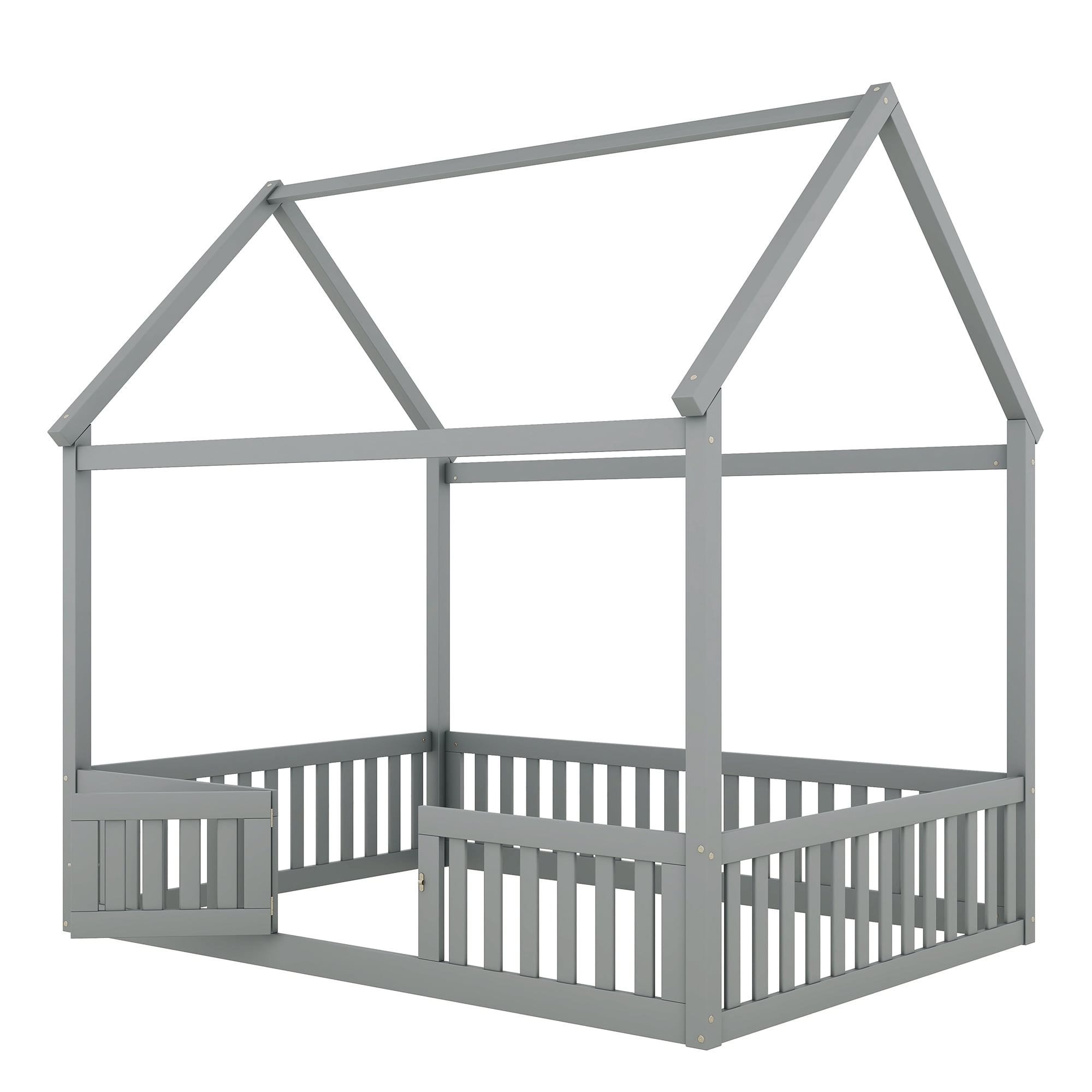 Euroco Full Size Low House Bed with Fence and Door for Kids, Gray